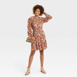 Boho Floral Long-Sleeve Smocked Dress